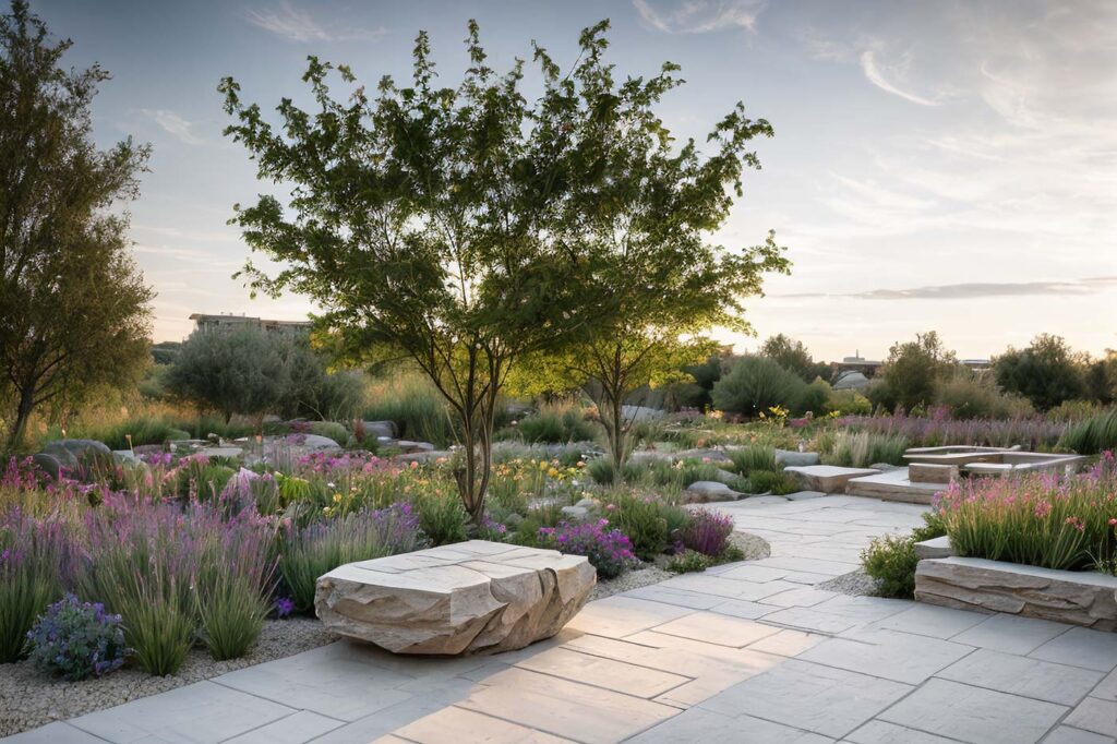 giardino con rocce e pavimento pietre