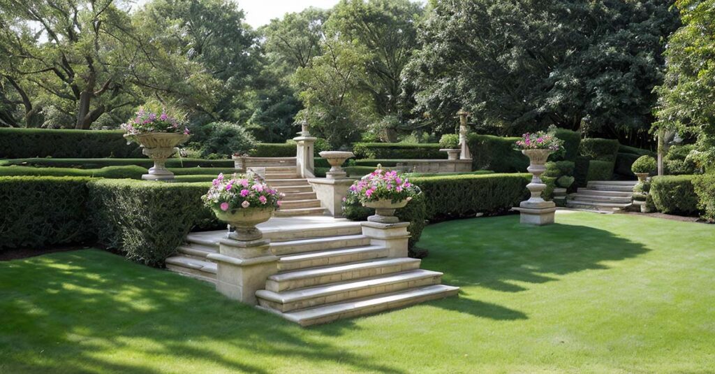 Scale di pietra in un giardino lussureggiante