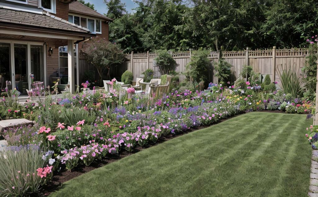 Un giardino tranquillo con prato verde e tanti fiori