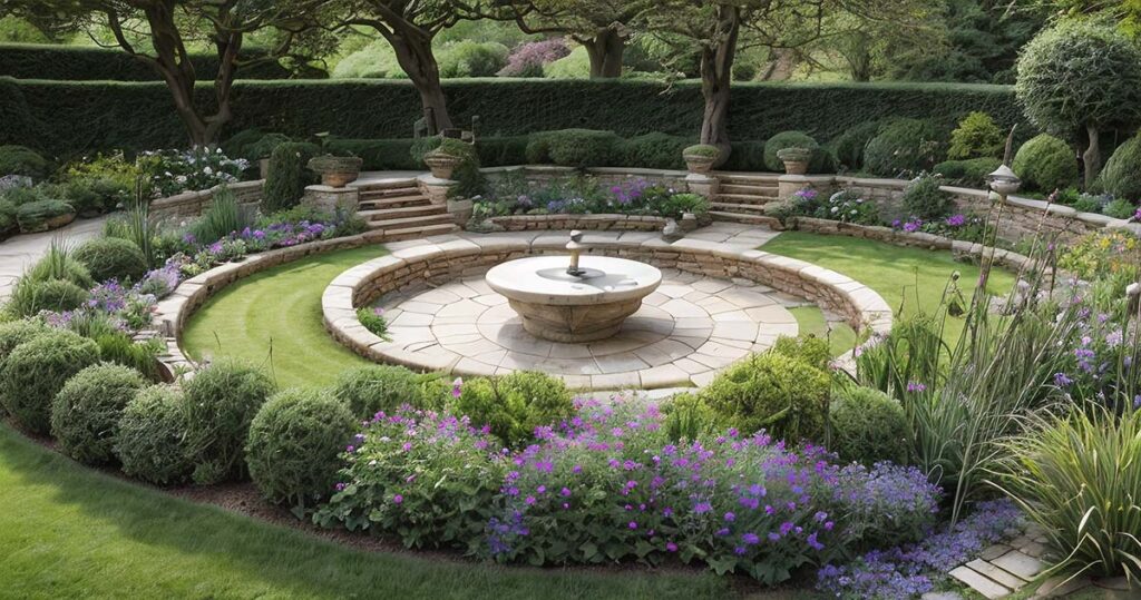 Un giardino tranquillo con un prato verde rigoglioso e tanti fiori