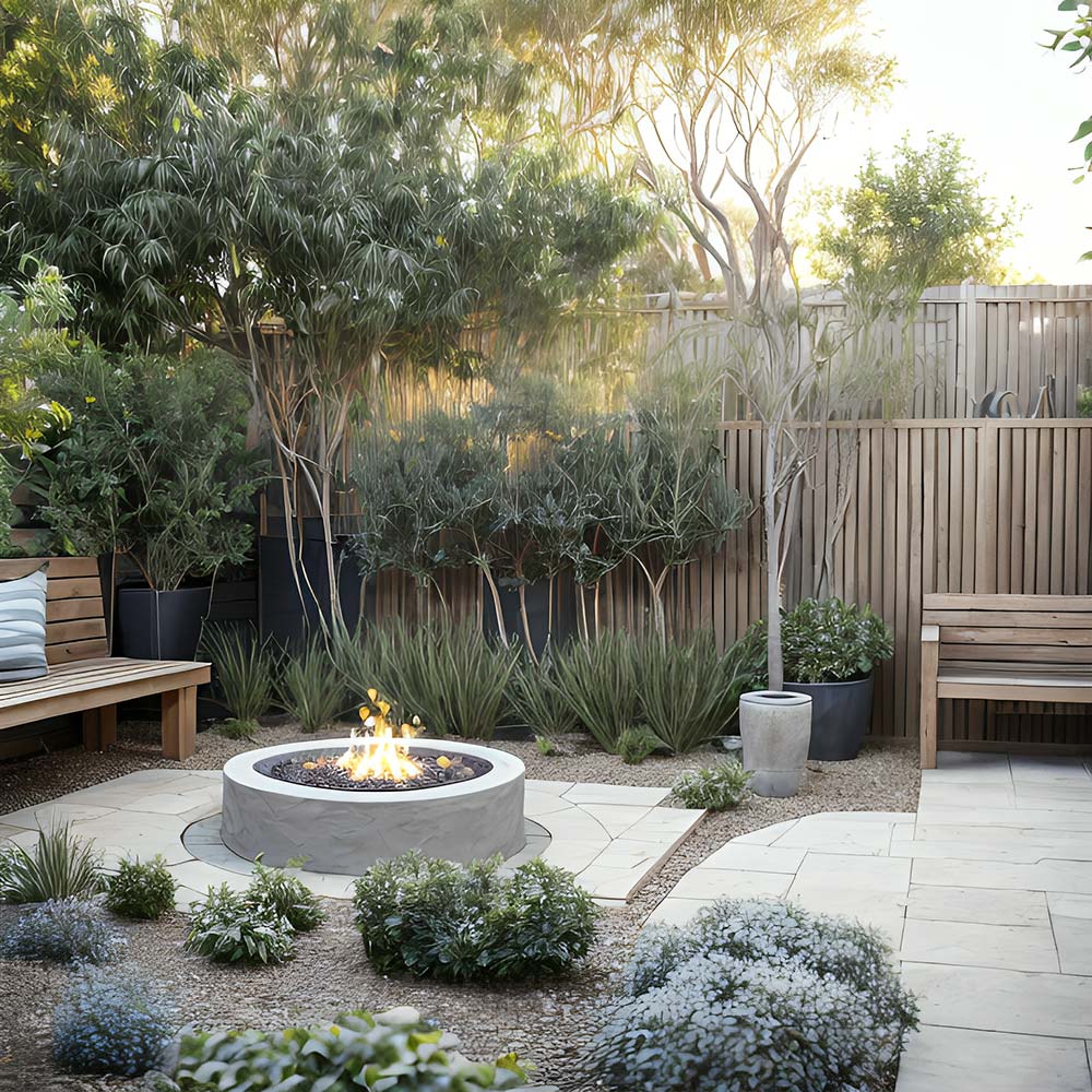 focolare in giardino con albero landscaping piante da interno e vaso di fiori