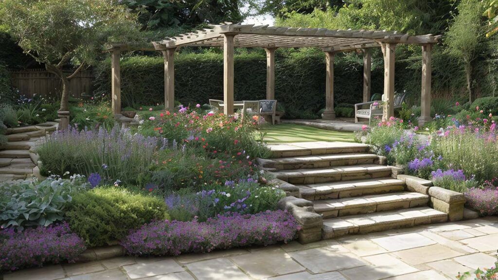 giardino in pendenza con pergola nella parte alta