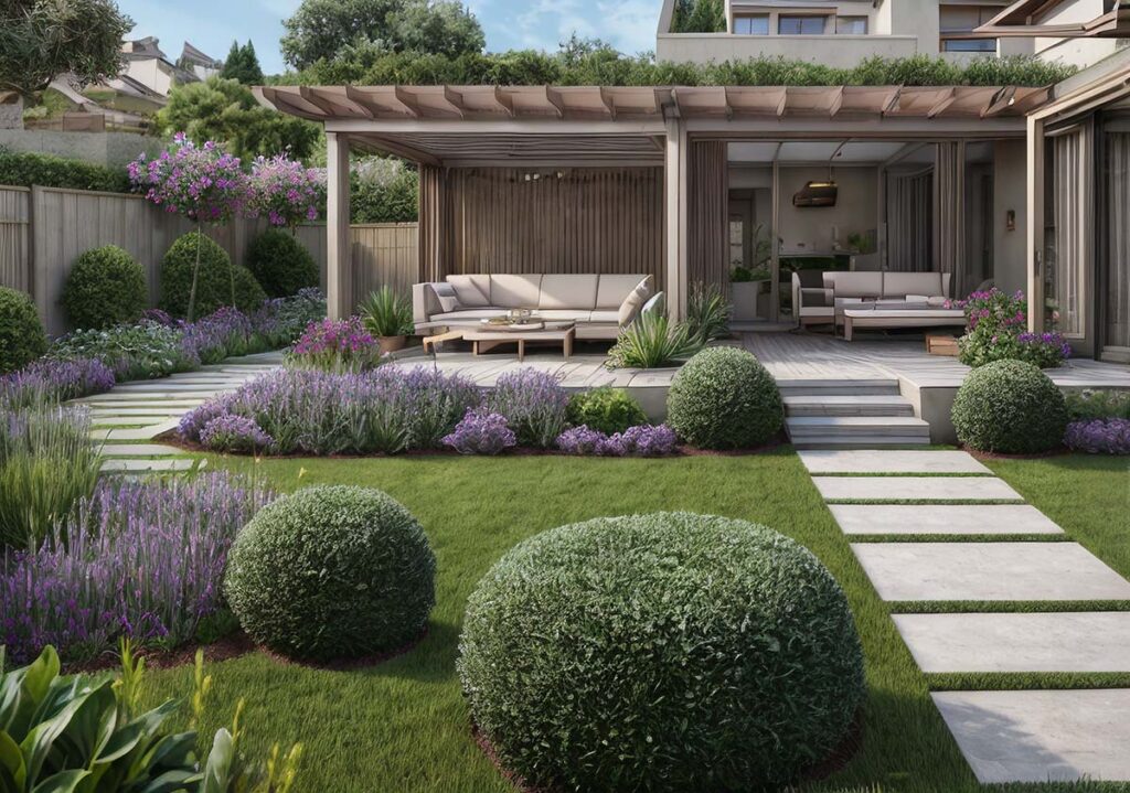 giardino interessante con una bella pergola in legno e piante come lavanda